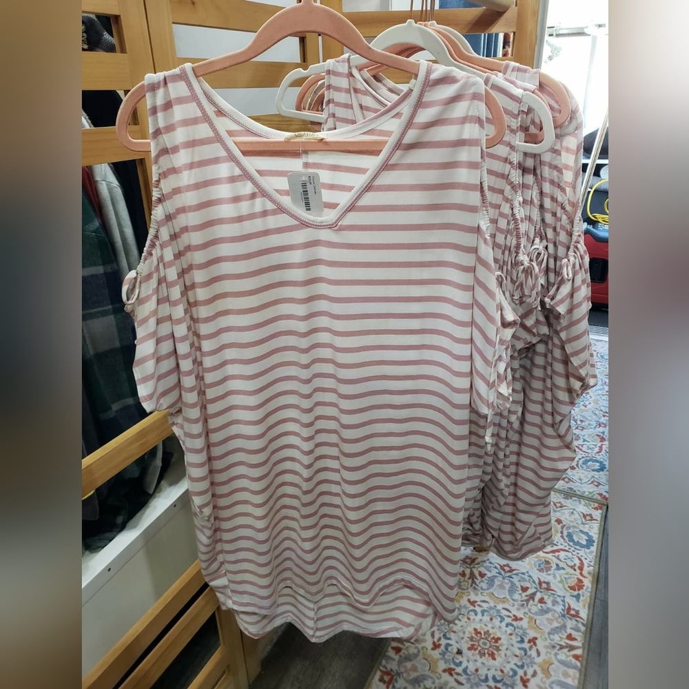 Striped Cold Shoulder Dolman- Pink